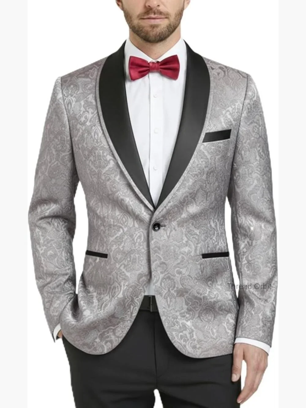 Slim Fit Tuxedo Jacket with Floral Pattern, Shawl Lapel, Bow Tie Included